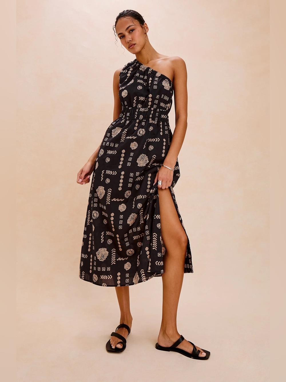 New Rails Selani Dress Beach Shells One-Shoulder Size Small Black 100% Cotton
